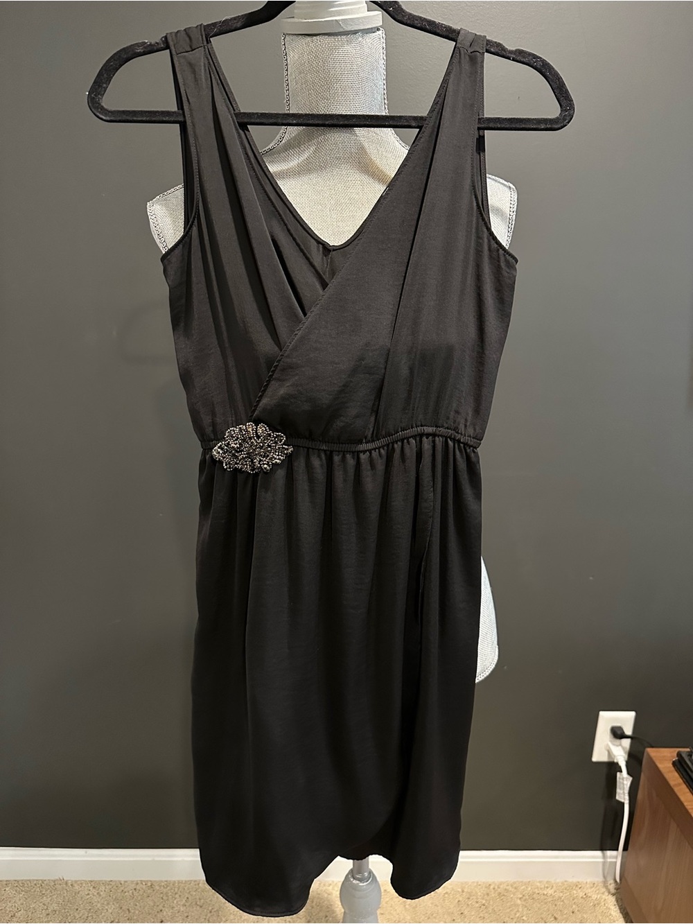 Zara One-Shoulder Black Dress with Decorative Brooch